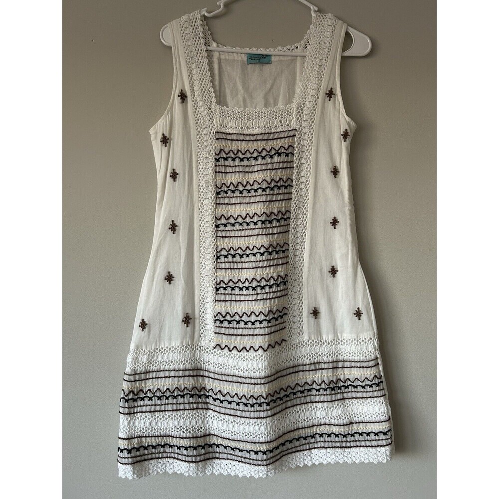 Letarte Handmade Crochet Embroidery Cotton White Beachy Mini Dress Size Small